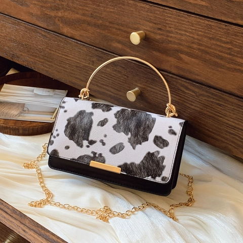 Women Cow Print Crossbody Bag PU Leather Faux Fur Handbag Gold Circular Handle Chain Strap Fashion Square Purse Chic
