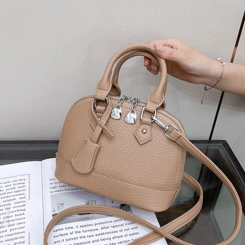 Vintage Shell Dome Handbag Litchi Texture PU Leather Secure Zipper Crossbody Bag With Adjustable Strap For Women