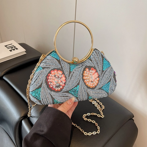 Vintage Avondtas PU-Leer Met Pailletten Borduurwerk En Kralen Bloemen Metalen Ringhandvat Schouderkettingriem Vrouwen Banquet Party