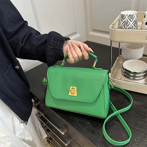 Borsa Tracolla Donna Pelle PU Mano Grana Di Litchi Piccola Borsa Quadrata Serratura Retrò Hardware Dorato Versatile
