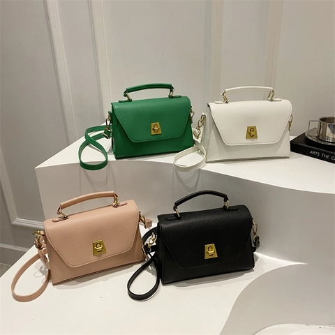 Borsa Tracolla Donna Pelle PU Mano Grana Di Litchi Piccola Borsa Quadrata Serratura Retrò Hardware Dorato Versatile