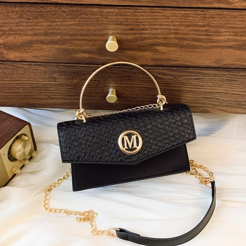 Women Crossbody Bag Woven Texture Flap PU Leather Small Square Handbag Metal Round Handle Gold M Logo Chain Strap