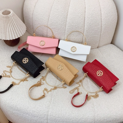 Women Crossbody Bag Woven Texture Flap PU Leather Small Square Handbag Metal Round Handle Gold M Logo Chain Strap