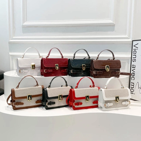 Borsa Quadrata Piccola Vintage da Donna Colore a Contrasto Tela Pelle PU Borsa a Mano Motivo Coccodrillo Borsa a Tracolla