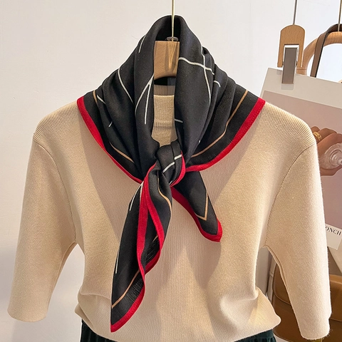 Women Abstract Line Print Square Scarf Polyester Satin Feel Elegant Retro Neck Scarf For Hair Wrap Handbag Accessory