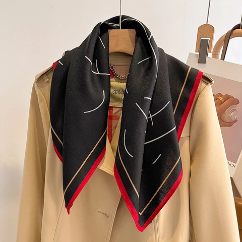 Women Abstract Line Print Square Scarf Polyester Satin Feel Elegant Retro Neck Scarf For Hair Wrap Handbag Accessory