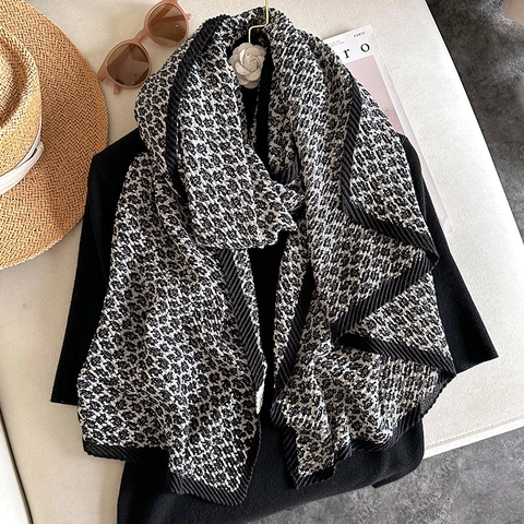 Vintage Pleated Scarf Shawl Women Cotton Linen Feel Paisley Print Autumn Winter Warm Contrast Border Elegant Wrap