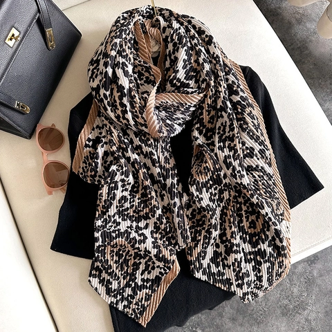 Leopard Print Pleated Scarf Women Fashion Cotton Linen Texture Long Shawl Wrap Soft Elegant Breathable Accessory
