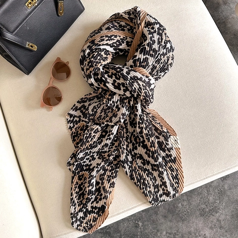 Leopard Print Pleated Scarf Women Fashion Cotton Linen Texture Long Shawl Wrap Soft Elegant Breathable Accessory