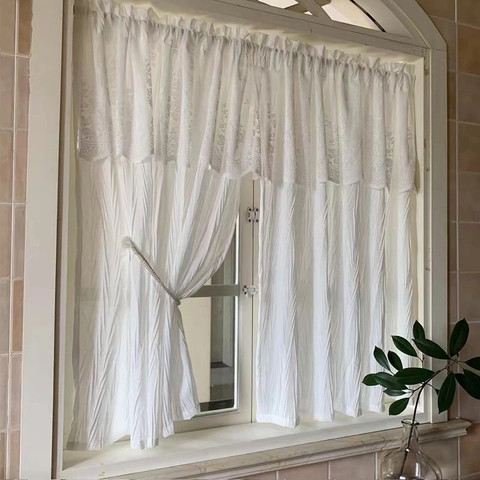 Rideau de Porte Voile Blanc Luxe Français Avec Valance en Dentelle Rideau de Café en Polyester Froissé Pour Cuisine Maison