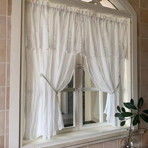 Rideau de Porte Voile Blanc Luxe Français Avec Valance en Dentelle Rideau de Café en Polyester Froissé Pour Cuisine Maison