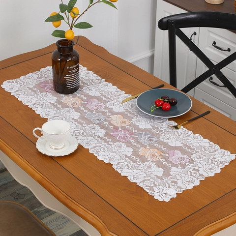 Runner da Tavolo in Pizzo Vintage Intagliato Con Stampa Floreale di Rose Bordo a Festone Tovaglia Decorativa per Tavolo da Pranzo