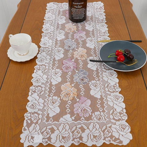 Runner da Tavolo in Pizzo Vintage Intagliato Con Stampa Floreale di Rose Bordo a Festone Tovaglia Decorativa per Tavolo da Pranzo