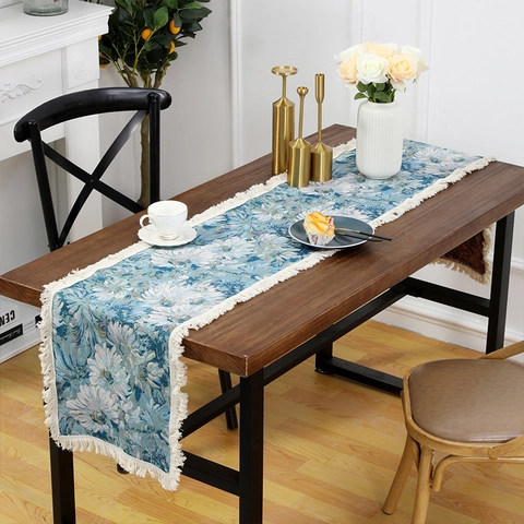 American Retro Oil Painting Floral Jacquard Table Runner With Tassels Polyester Cotton For Dining Room Home Decor