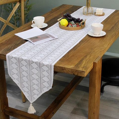 Runner da Tavolo in Pizzo Bianco Moderno Design Geometrico Traforato Con Nappine Decorazione Minimalista per Tavolo da Pranzo Festa
