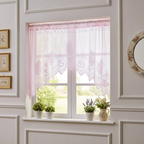Französischer Stil Spitze Durchbrochen Kaffee Vorhang Polyester Blumen Teekanne Muster Wellenkante Kurzvorhang Trennvorhang Für Schlafzimmer Küche