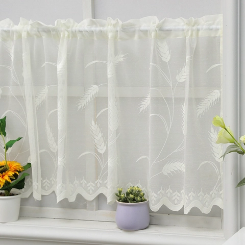 Pastoral Lace Cafe Curtain Wheat Ear Palm Tree Jacquard Rod Pocket Short Window Door Curtain For Kitchen Cupboard Bathroom