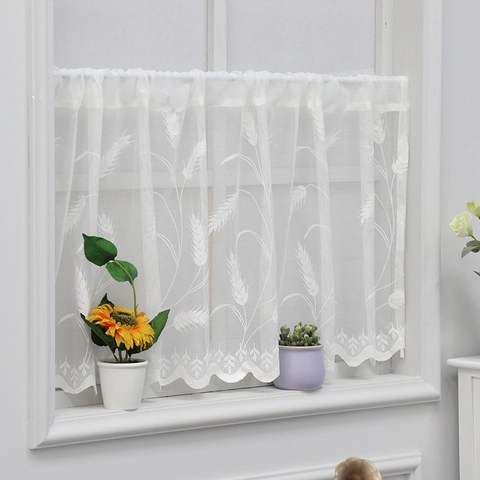 Rideau de Café en Dentelle Blanche Broderie Épi de Blé Bord Vagué Demi Rideau Placard Cuisine Cantonnière Transparente