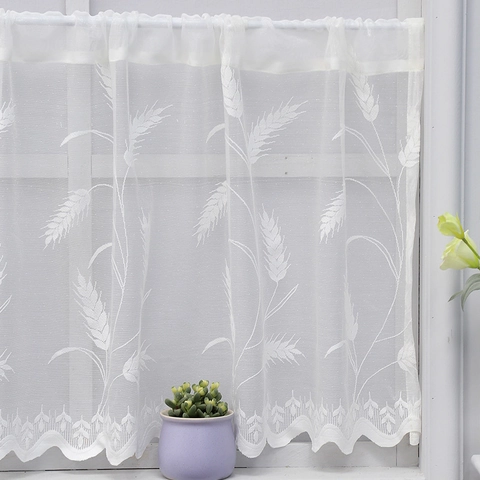 Rideau de Café en Dentelle Blanche Broderie Épi de Blé Bord Vagué Demi Rideau Placard Cuisine Cantonnière Transparente