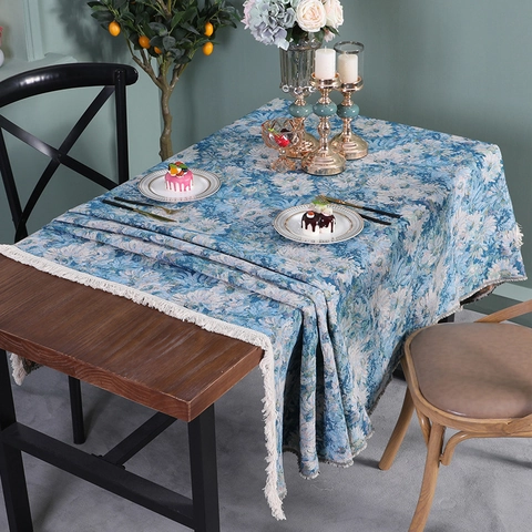 Tovaglia Floreale Jacquard Francese Vintage Con Nappe Rettangolare Blu Bianca Motivo Crisantemo Copertura Tavolo Decorativa Per Sala Da Pranzo Cucina