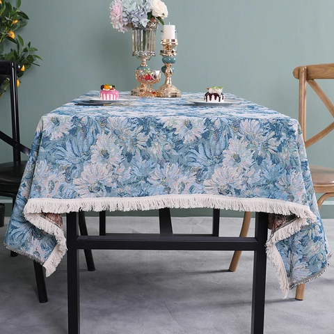 Tovaglia Floreale Jacquard Francese Vintage Con Nappe Rettangolare Blu Bianca Motivo Crisantemo Copertura Tavolo Decorativa Per Sala Da Pranzo Cucina