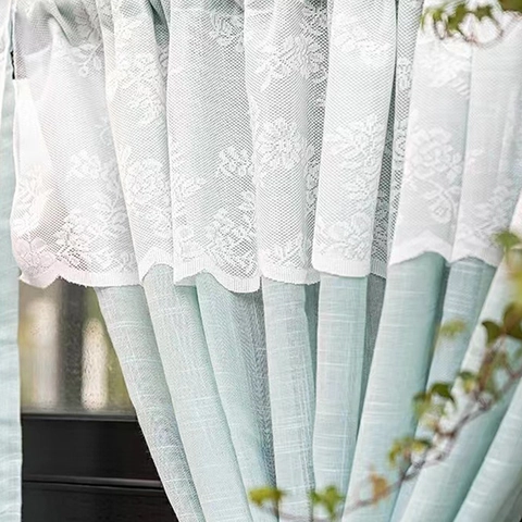 Vintage Nordic Polyester Double Layer Cafe Curtains White Lace Embroidery Pom-pom Trim Rod Pocket Short Window Curtains
