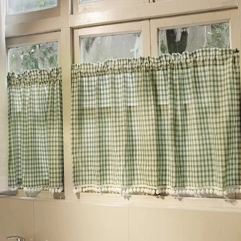 Gingham Cafe Vorhang Grün Weiß Kariert Kleiner Türvorhang Fensterbehandlung Bommel Fransen Landhaus Dekor