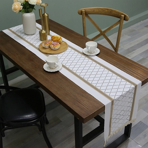 Chemin De Table Boho Blanc Aspect Lin Polyester Motifs Losanges Dentelle Évidée Bord Avec Glands Style Vintage Déco