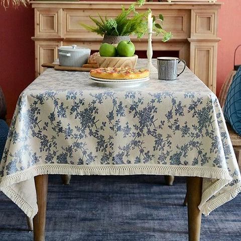 Noorse Stijl Blauwe Bloemen Tafelkleed Rechthoekige Print Stofdichte Tafelkleed Met Kwastjes Waterdicht Keuken Stof