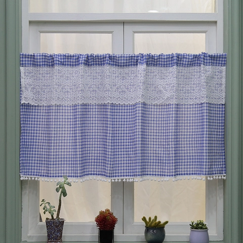 Nordic Gingham Plaid Café Curtain Rod Pocket Lace Trim Short Window Curtain With Pom-pom Fringe For Kitchen Bathroom Home Decor