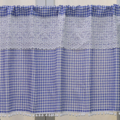 Nordic Gingham Plaid Café Curtain Rod Pocket Lace Trim Short Window Curtain With Pom-pom Fringe For Kitchen Bathroom Home Decor