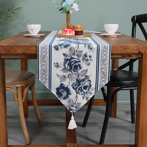 Chemin de Table Jacquard Floral de Roses Vintage Avec Glands Nouveau Style Chinois Nappe en Poliestere pour Table à Manger