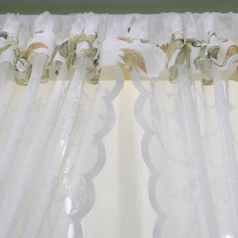 White Lace Sheer Window Curtain With Scalloped Edge And Floral Embroidery French Pastoral Voile Panel For Living Room