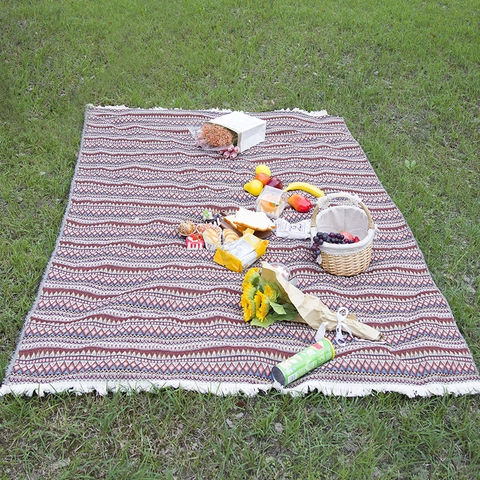 Bohemian Ethnic Geometric Woven Picnic Mat Polyester Cotton Blanket With Tassels For Outdoor Camping Beach Travel