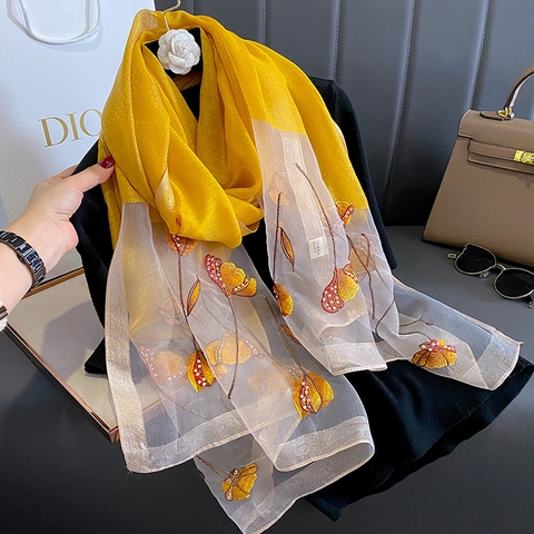 Mulberry Silk Blend Women Scarf Luxury Tie-dye Embroidery Beaded Floral Butterfly Shawl Elegant Winter Warm Wrap For Banquet Party