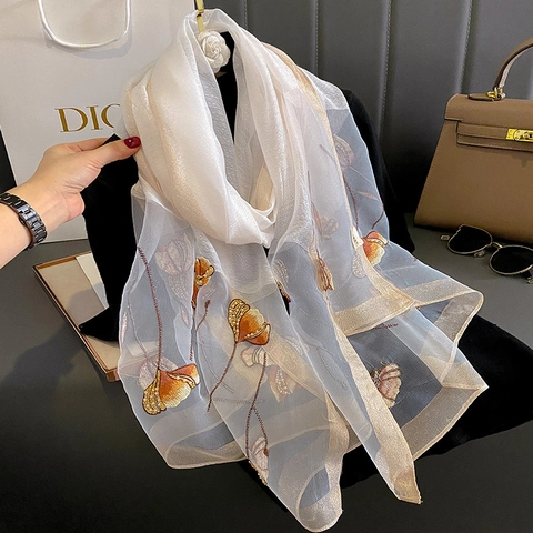 Mulberry Silk Blend Women Scarf Luxury Tie-dye Embroidery Beaded Floral Butterfly Shawl Elegant Winter Warm Wrap For Banquet Party