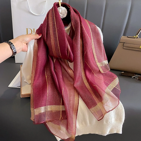 Elegant Women Scarf Shawl Faux Satin Polyester Metallic Thread Glitter Stripe Shimmering Lightweight Wrap