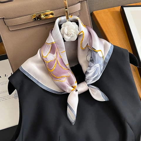 Elegant Mulberry Satin Square Scarf Vintage Floral Butterfly Print Fashion Neck Tie Headscarf Bag Decoration Women