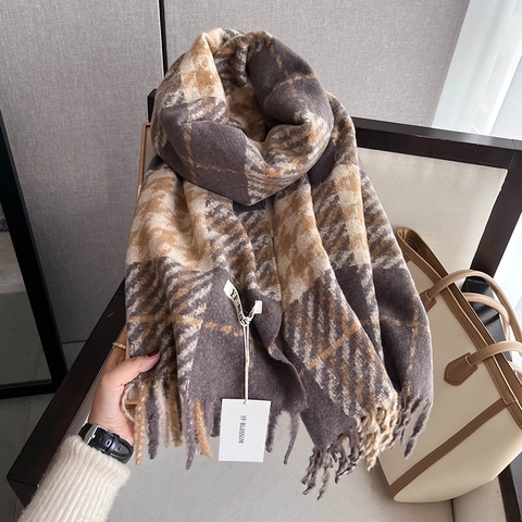 Winter Plaid Scarf Imitation Cashmere Thick Warm Large Grid Tassel Shawl Houndstooth Soft Wraps For Women Men