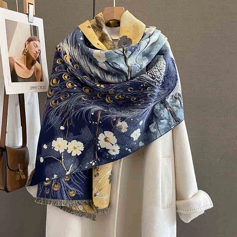 Scarf Shawl For Women Imitation Cashmere Thickened Winter Warm Retro Peacock Floral Print Double Sided With Tassels