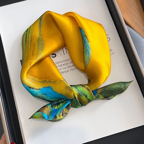 Elegant Square Scarf 100% Mulberry Satin Neckerchief Oil Painting Landscape Print Satin Headband Hair Wrap For Women