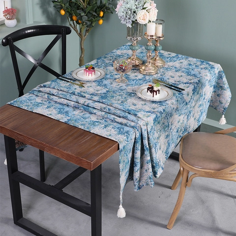 Mantel Jacquard Floral Azul Estilo Nórdico Con Borlas Blancas Estilo Americano Pintura al Óleo Grueso Rectangular Redondo para Decoración de Comedor