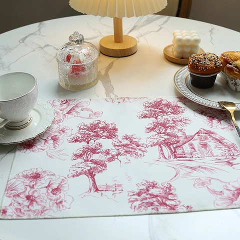 Toile De Jouy Placemat Waterproof Heat Resistant Polyester Cotton Woven Dining Table Mat French Vintage Print