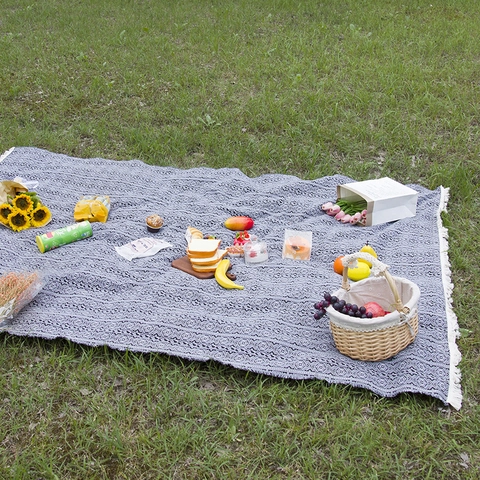 Picnic Blanket Bohemian Geometric Thick Polyester Cotton Outdoor Camping Mat With Tassels Moisture Proof Ethnic Style