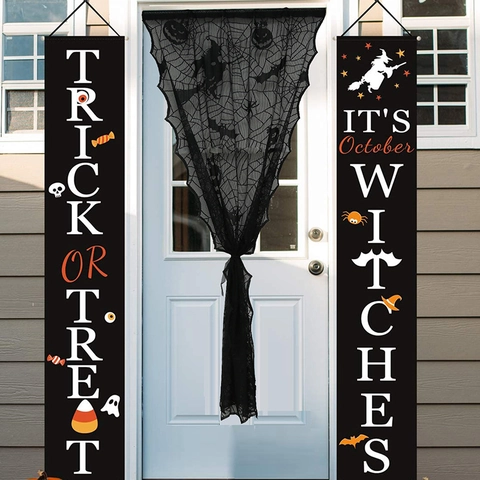 Halloween Schwarze Spitze Spinnennetz Türvorhang Hexe Fledermaus Skelett Muster Polyester Mesh Deko Für Home Party Halloween Dekoration
