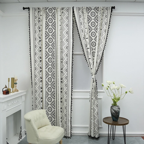 Bohemian Geometric Print Tassel Window Curtain Black White Cotton Linen Semi Shading Panel Living Room Bedroom Kitchen