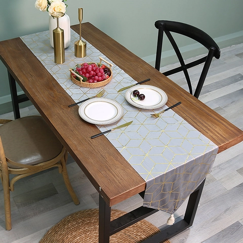 Runner Da Tavola Moderno Velluto Oro Geometrico Stile Nordico Lusso Tessuto Decorativo Con Nappine Per Sala Da Pranzo