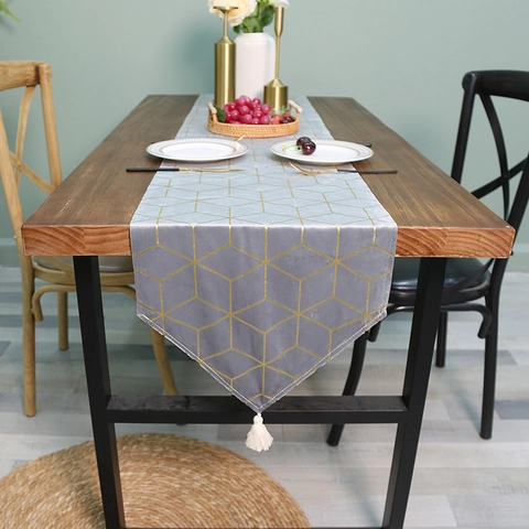 Runner Da Tavola Moderno Velluto Oro Geometrico Stile Nordico Lusso Tessuto Decorativo Con Nappine Per Sala Da Pranzo