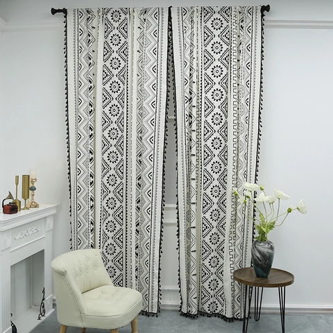 Bohemian Geometric Print Tassel Window Curtain Black White Cotton Linen Semi Shading Panel Living Room Bedroom Kitchen