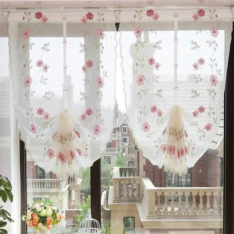 Daisy Embroidery Lace Roman Blind White Sheer Window Curtain Scalloped Edge Tie Up Lifting Voile Drapery Panel